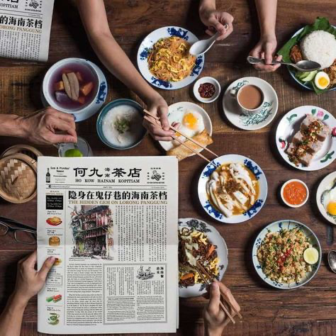 an overhead shot of a table laden with a variety of delicious asian dishes, including noodles, rice, eggs, and various side dishes. the scene is set in a restaurant or hawker stall, with people's hands visible as they partake in the meal. a newspaper featuring an article about the restaurant is prominently displayed on the table. the image is vibrant and colorful, showcasing the authentic and traditional cuisine.