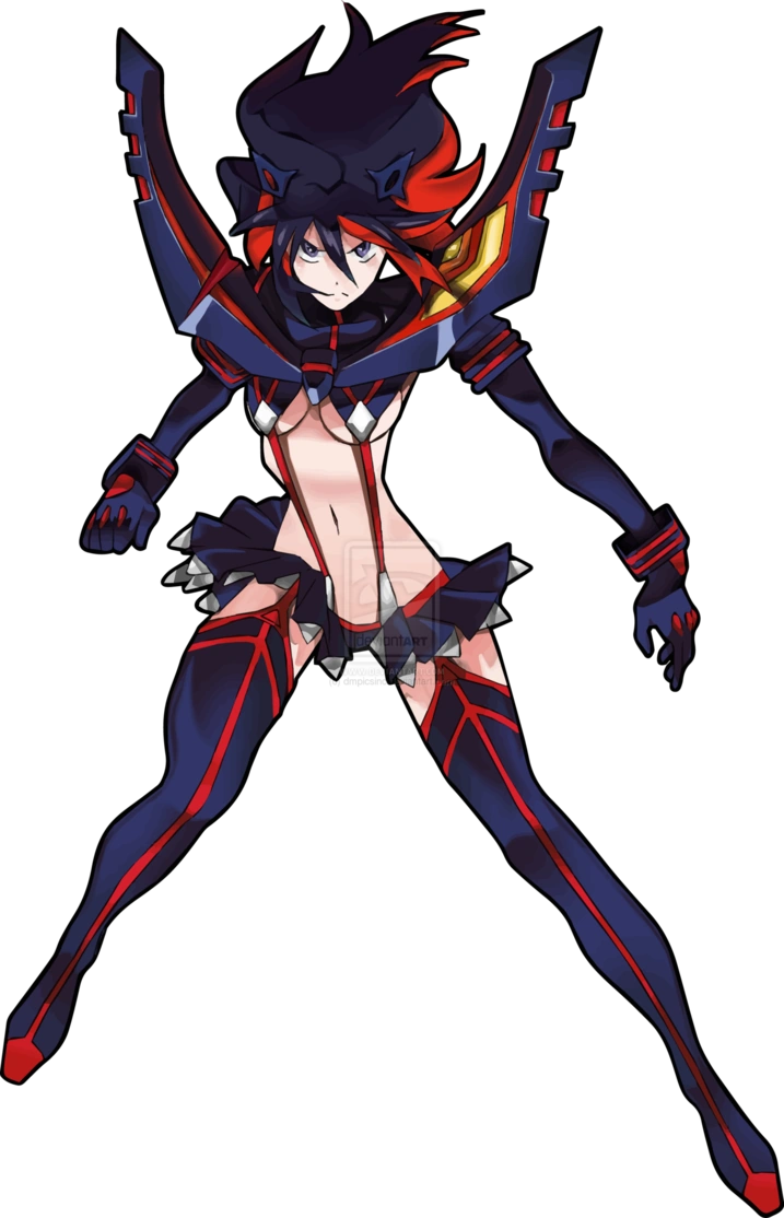 the image is a digital illustration or artwork depicting ryuko matoi, the protagonist from the anime series kill la kill. she is shown in a dynamic action pose, her body angled slightly,  wearing her signature school uniforminspired outfit which is mostly dark blue and red, revealing midriff and thighs. the outfit incorporates elements suggesting a hightech or mechalike design.  her expression is serious and determined. the background is black, emphasizing the figure.  the style is typical of anime and manga, with exaggerated features and dynamic lines.