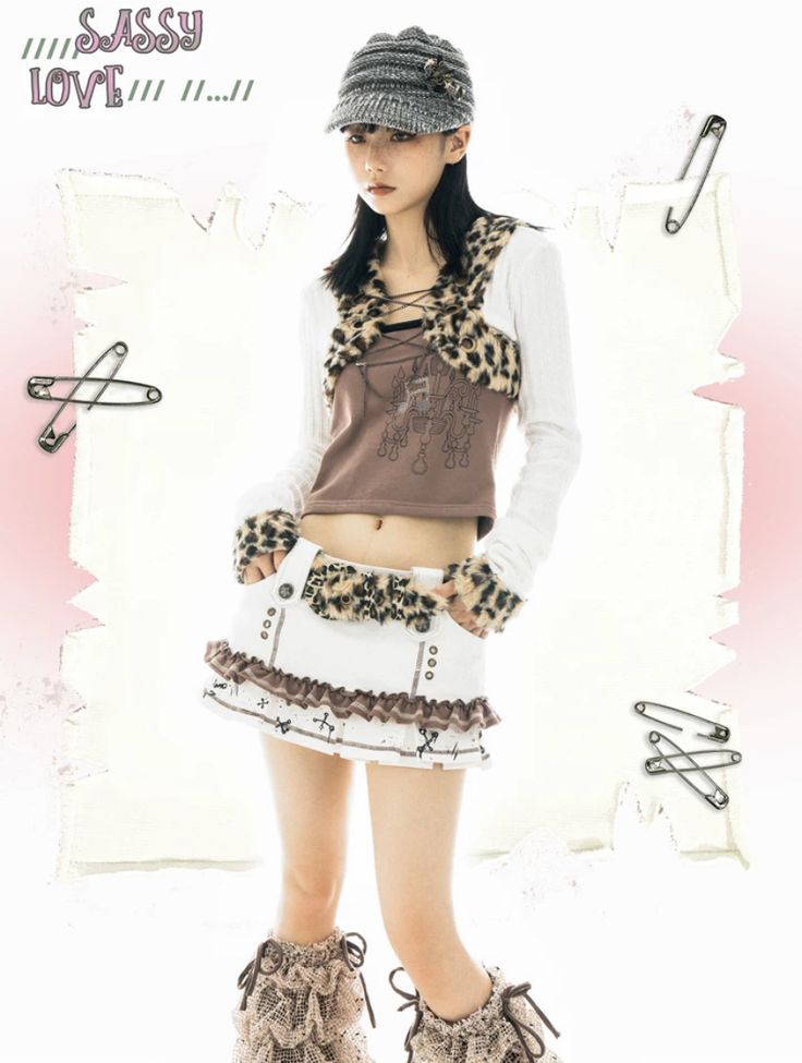a fullbody shot of a young asian woman, possibly a fashion model, posing against a white background.  she's wearing a stylish, multilayered outfit that blends elements of kawaii, lolita, and harajuku fashion. this includes a knit cap, a brown cropped top with leopard print detailing, a white ruffled mini skirt with embellishments, and beige laceup boots.  the backdrop features safety pins, suggesting a punk or edgy aesthetic. the overall style is cute yet slightly rebellious.  the image is professionally styled and lit, typical of fashion photography.  a text overlay reads "///sassy love/// ///...".
