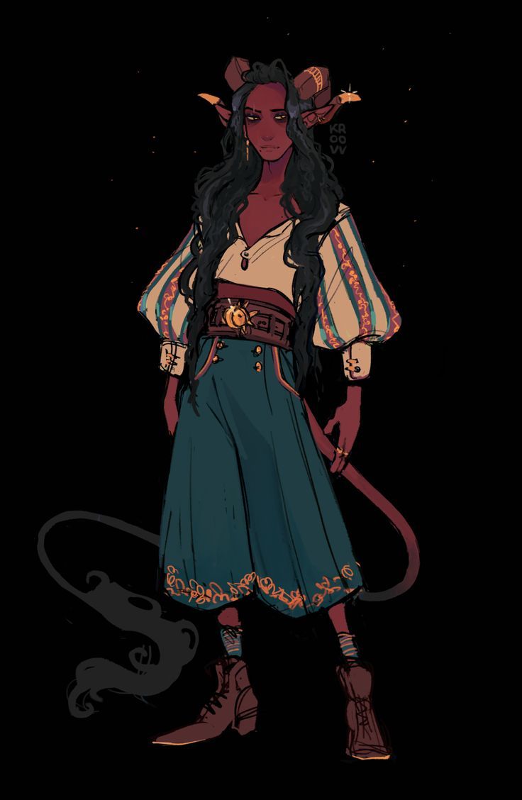 this is a digital art illustration of a female character with horns, a tail, and long dark hair. she is wearing a white shirt, a green skirt, a gold belt, and boots. she has horns, elf ears, and a tail. she is smiling, and her eyes are bright. she is standing confidently in a dark setting.