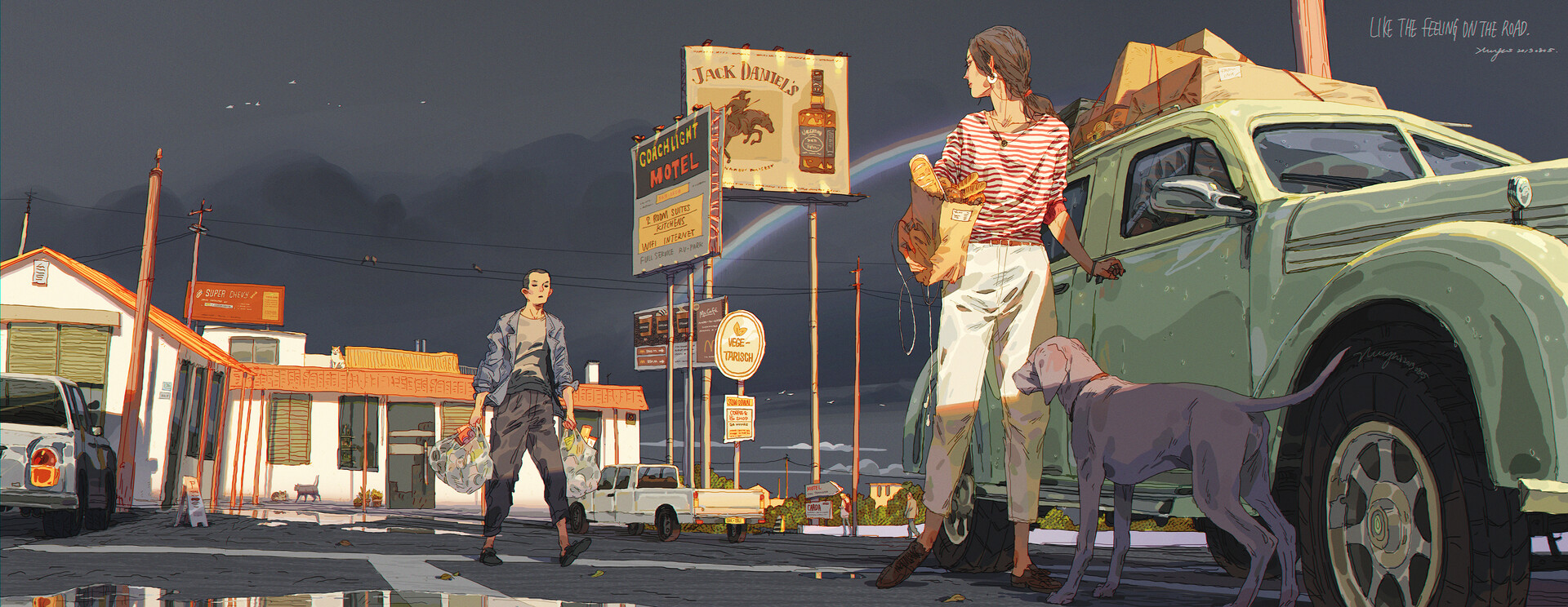 a woman in a striped shirt and white pants walks away from a classic car with a dog by her side. she is carrying a paper bag full of bread.  she is walking past a diner, a motel, and a truck. the sun is setting, and the sky is a beautiful golden color.  in the distance, a man walks down the road.