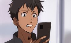 this is an anime image of a young man holding his phone and looking surprised or worried at what he is seeing on the screen. his mouth is open in shock. he is lightskinned black with short brown hair, brown eyes, and a neck tattoo that says "16". he is wearing a black shirt. the background is white.