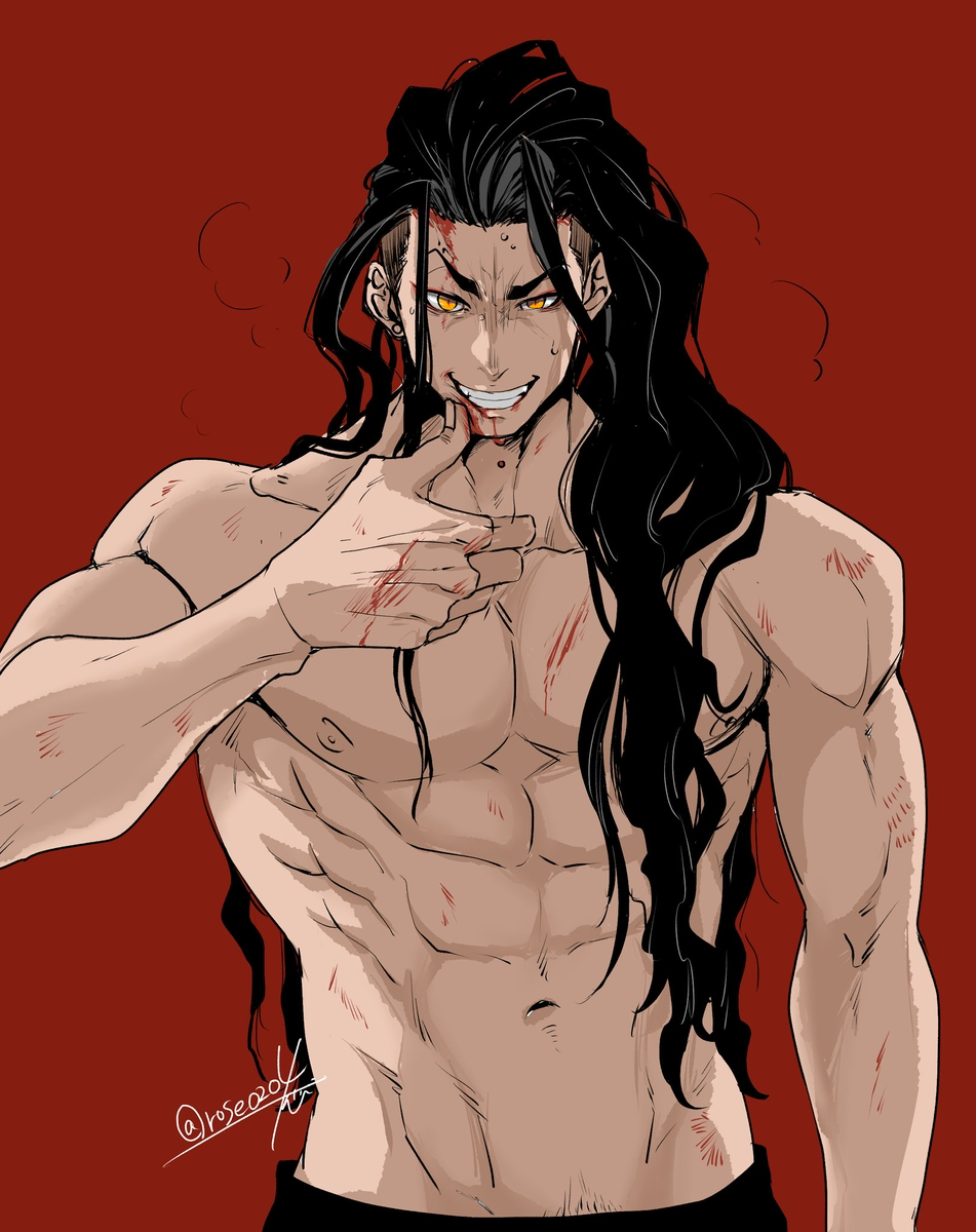 the image is a digital drawing or painting of a muscular animestyle man with long black hair. he's shirtless, showing off his welldefined physique with several light scratches and blood markings across his torso and arms.  his expression is a confident, almost aggressive smirk. he's posing with one hand gesturing near his face. the background is a solid, dark red. the art style is distinct, leaning towards a darker, more intense aesthetic.  the artist's signature "@roseaoi" is visible in the lower left.