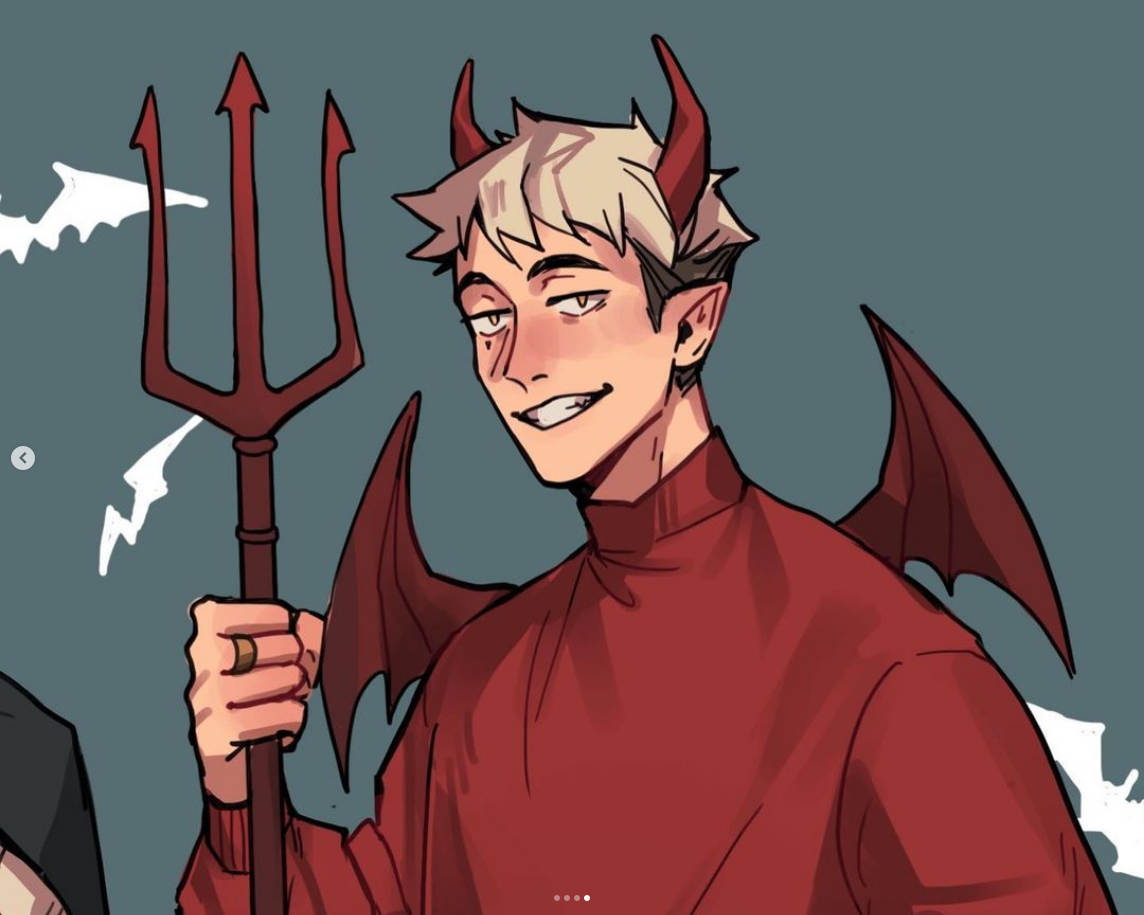 a waistup illustration of an anime boy dressed in a devil costume for halloween. he has short, spiky white hair and red horns on his head. he's wearing a red turtleneck sweater and has large red demon wings. he is holding a brown trident with a golden ring and smiling at the viewer. the background is a muted bluegrey with white lightning bolts and black bats, hinting at a halloween party atmosphere.