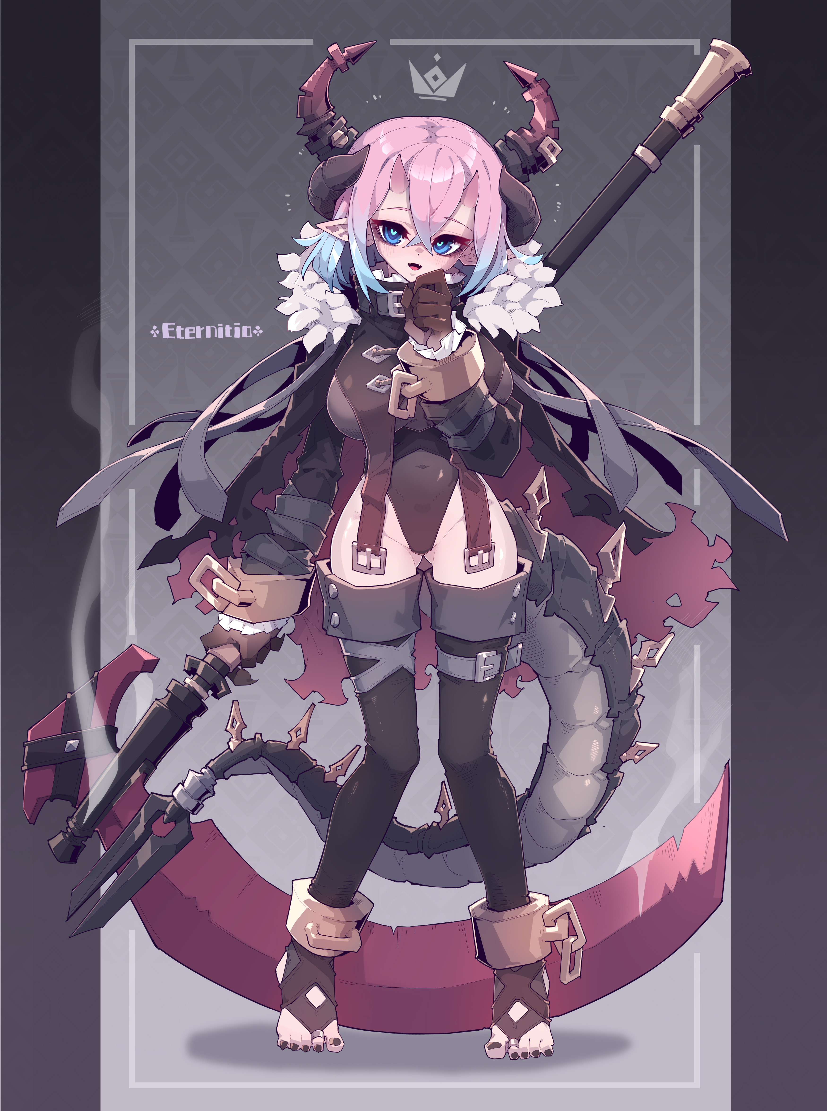 an anime character with pink hair, blue eyes, and horns stands holding a scythe. she has a tail, wears a cape with a fur collar, and a crown above her head.