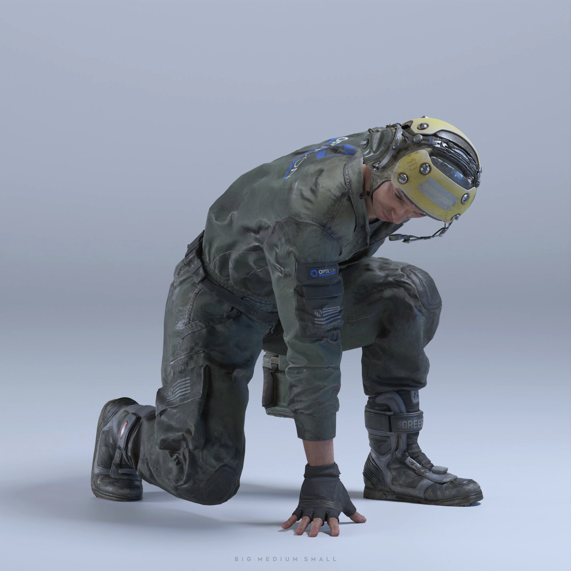 a 3d render of a soldier or astronaut in a worn, dirty flight suit crouching on a grey background. the character is wearing a yellow helmet, gloves, and bulky boots. the pose is dynamic, suggesting action or preparedness. the style is realistic and detailed, with textures and wear visible on the suit. the overall tone is serious and slightly futuristic. the image is likely from a video game or film production.