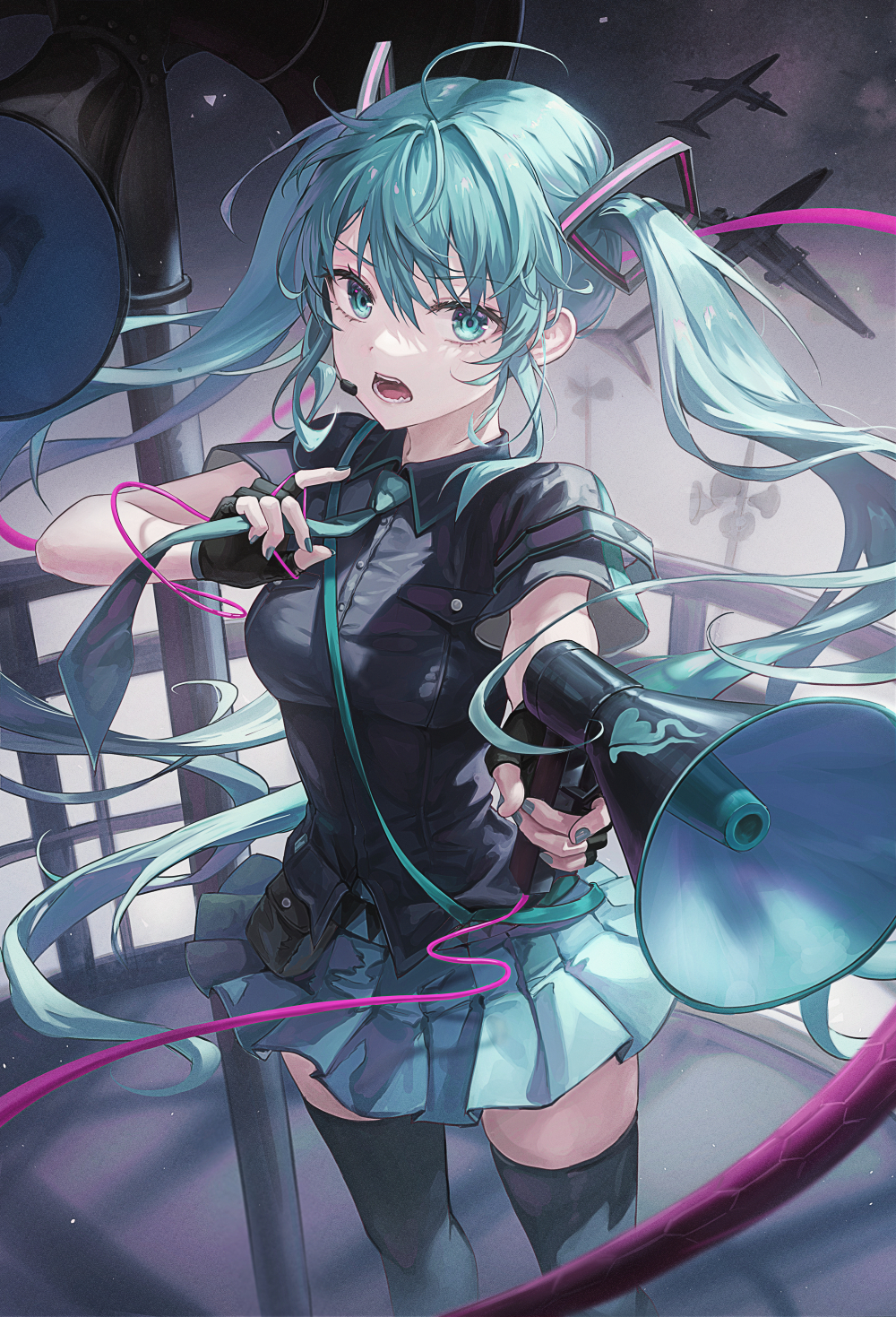 the image is a vibrant digital illustration of hatsune miku, the popular vocaloid character.  she's depicted in a dynamic pose, holding a megaphone, seemingly about to make an announcement.  her outfit combines a dark, militaryinspired top with a teal pleated skirt, and she wears black gloves and what appears to be dark stockings or leg warmers. her iconic long, bright teal twintails flow dramatically around her. the background suggests a futuristic or cyberpunk setting with elements such as airplanes, and a shadowed, almost desolate urban area. the overall style is anime/manga, with highly detailed features and a focus on expressive coloring and dynamic movement.  miku's facial expression is one of fierce determination or urgency. the scene is imbued with a sense of action and narrative potential.