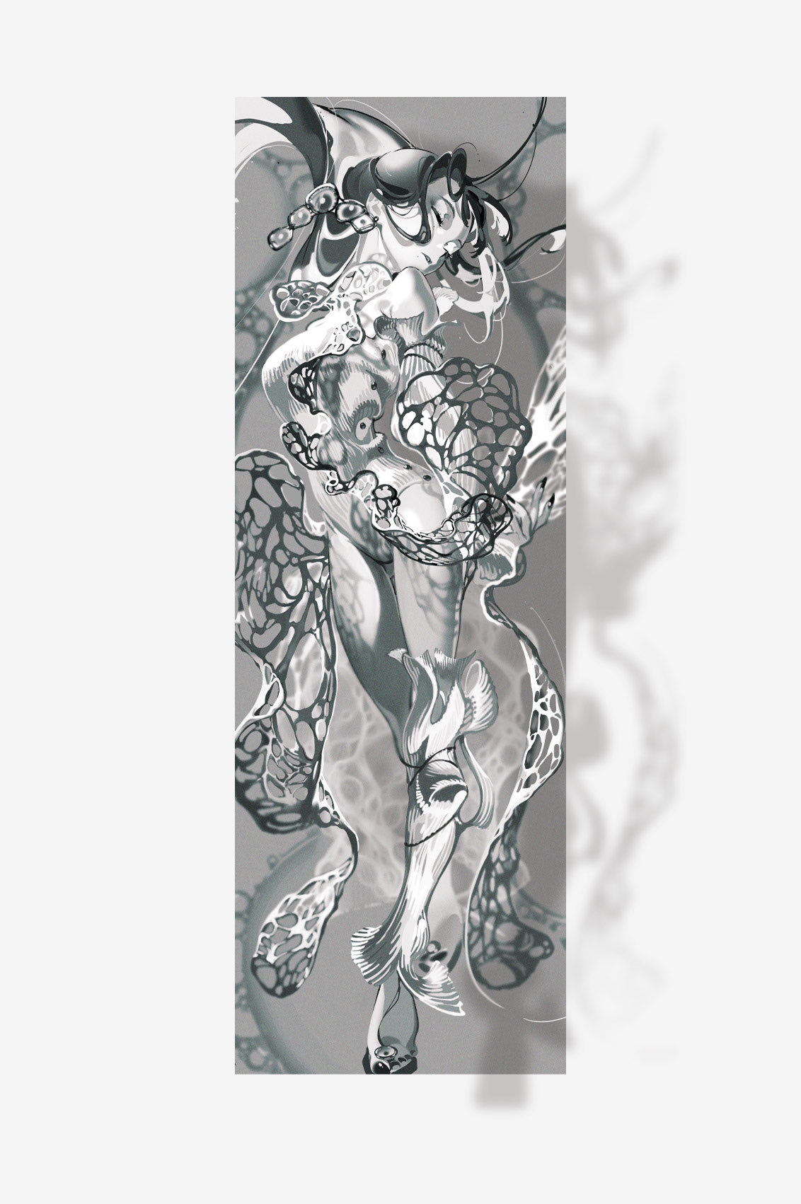 a monochrome illustration of a fantasy mermaid. she is covered in intricate patterns that resemble fish scales, netting, and coral. the background is a lighter shade of gray, making the figure pop out. the artwork has a dreamy, ethereal quality.
