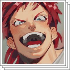 this is an illustration of an anime character with vibrant red hair. the character's eyes are wide open and their mouth is stretched into a big, toothy grin. their expression is one of joy and excitement, their head is tilted slightly to the side, and they are looking directly at the viewer. the character has a bright, colorful and dynamic style.