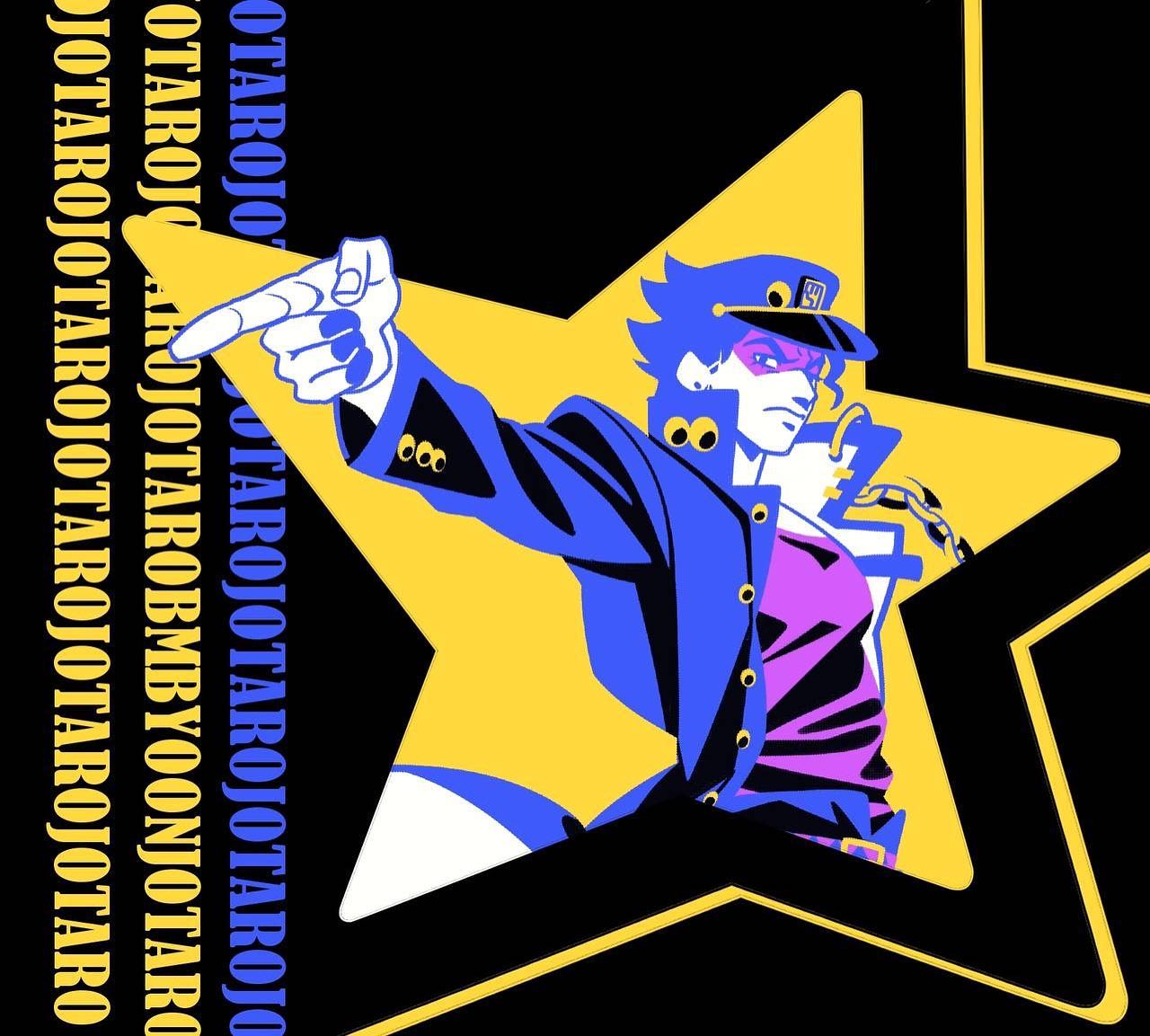 the image is a stylized illustration or fanart of jotaro kujo, the main protagonist of jojo's bizarre adventure: stardust crusaders. he's depicted in a dynamic pose, pointing with his finger, set against a large yellow star shape on a black background.  the art style is reminiscent of pop art, using bold, flat colors (blue, yellow, purple, and black) and simplified forms.  the repeated text "jotarojojo" vertically along the left side adds to the graphic, almost rhythmic, quality of the piece. the overall aesthetic is energetic and striking.