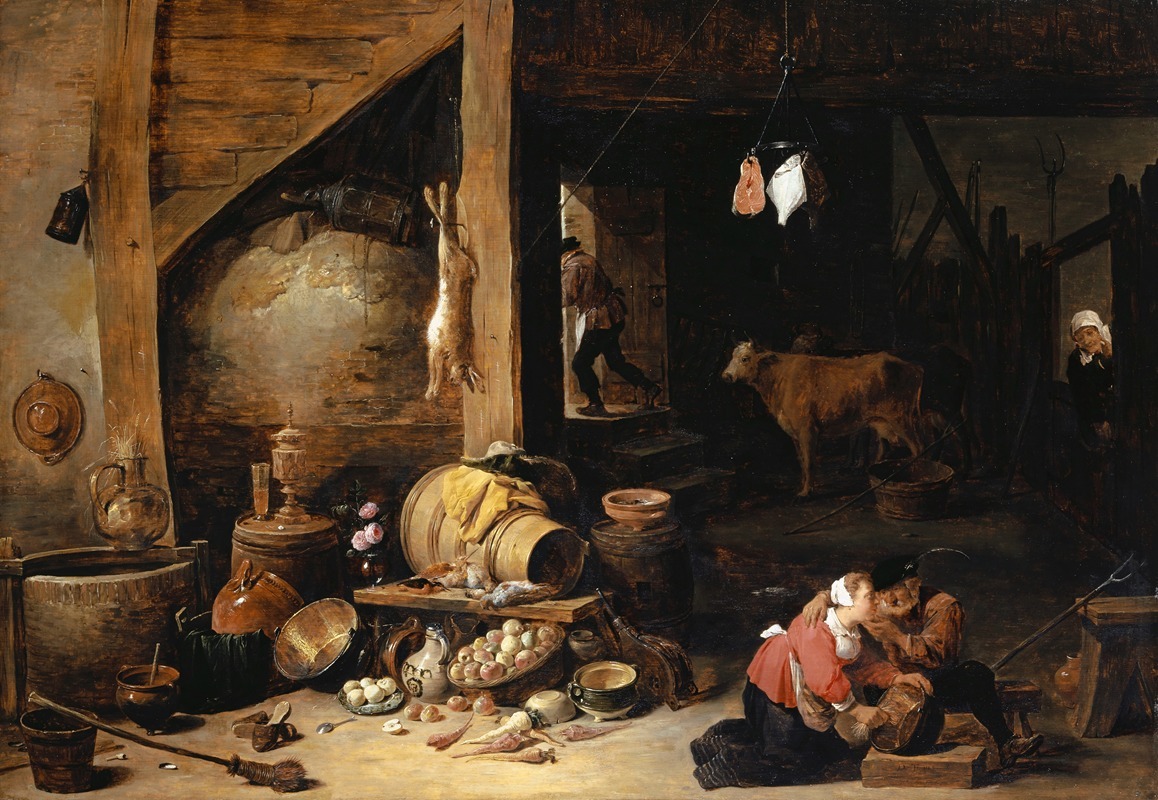 the image is a painting of an interior scene, possibly a barn, stable, or kitchen. in the foreground, a couple is depicted kissing while working, the woman kneeling and the man seated. scattered around them are various items including food like fruits and vegetables (apples, turnips), kitchenware (pots, pans), and cuts of meat. a dead rabbit hangs from a beam. in the background, a cow stands in a dimly lit space. a figure appears to be entering or exiting through a doorway. in the far right, another figure, likely a servant or observer, is peeking from behind a wooden structure. the overall scene is rustic and appears to depict peasant life.