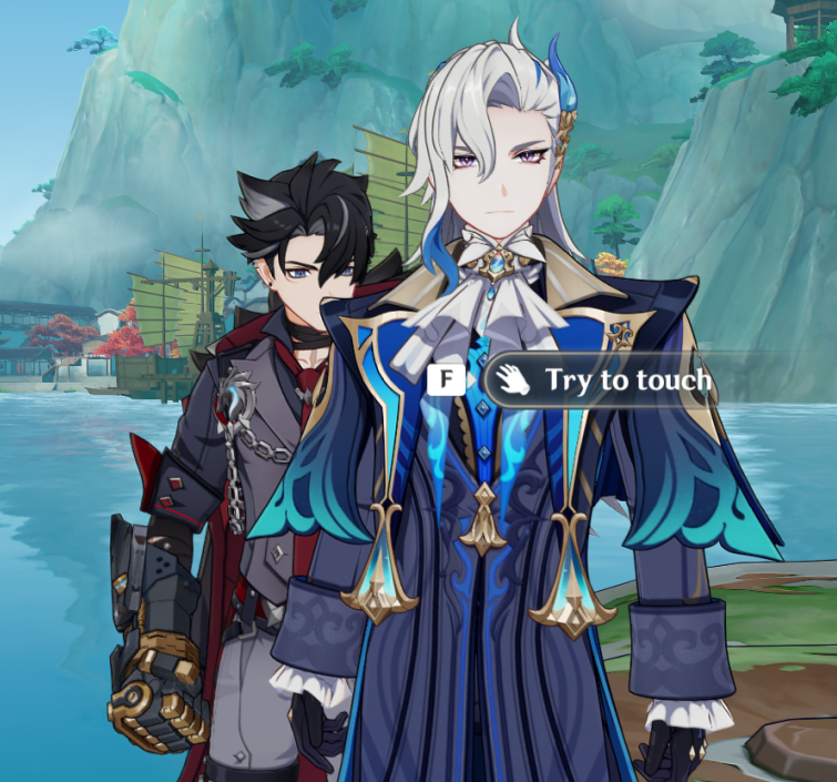 two male anime characters from the video game genshin impact are standing next to each other. one character is dressed in black and gray clothing, while the other is dressed in a blue and gold coat. the character in the blue coat is holding his hand out, as if he is about to touch the other character. the scene is set in front of a mountain range.