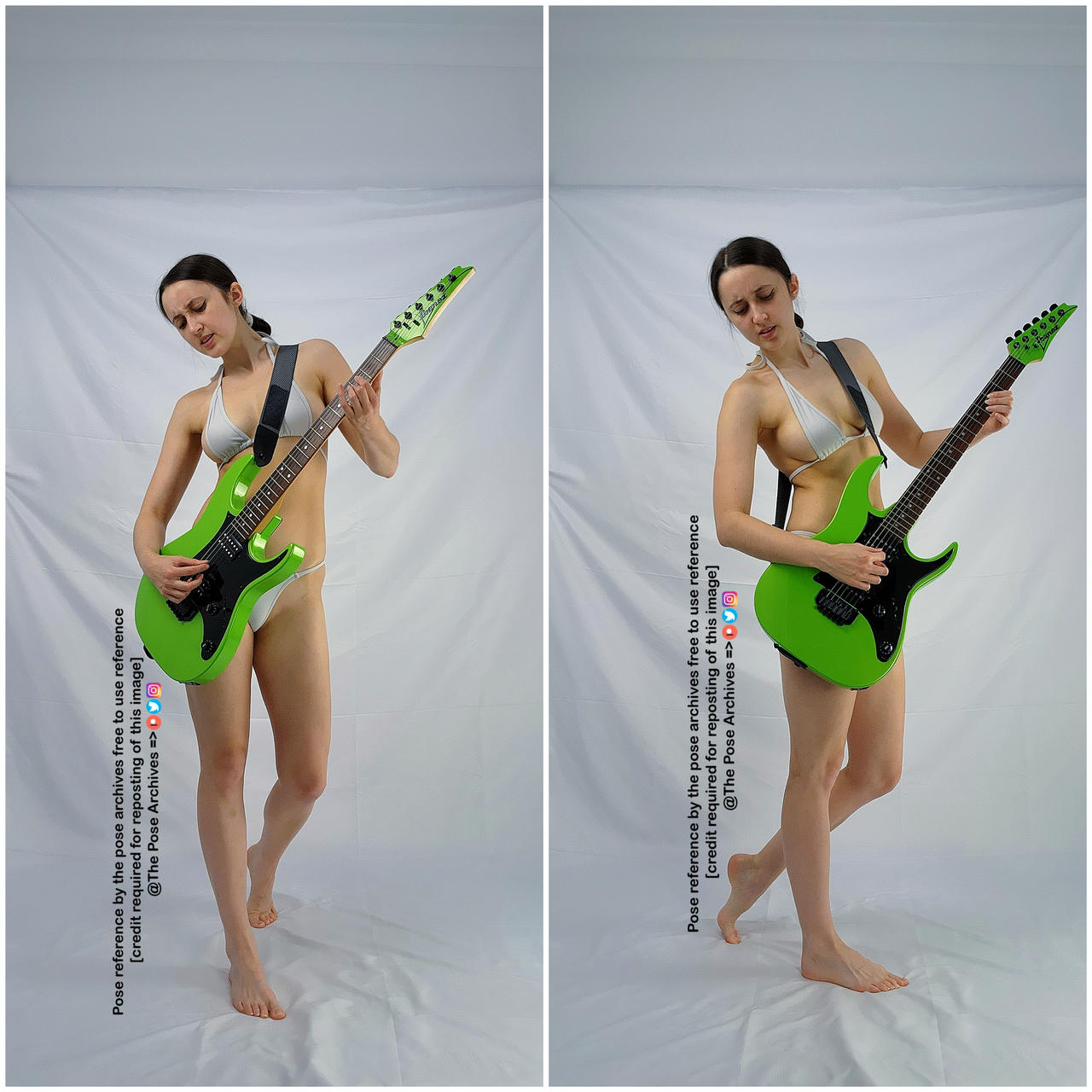 a woman in a white bikini is standing and playing a green electric guitar in two different poses against a white background.  this image appears to be intended for use as a pose reference.