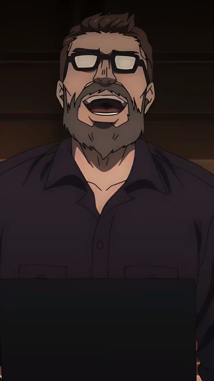 a cartoon drawing of a man with a beard and glasses laughing. he is wearing a dark buttondown shirt. the background is a solid dark color.