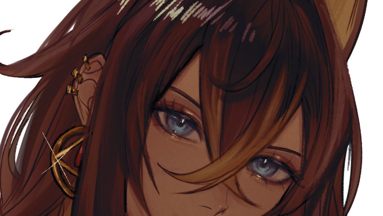 a closeup digital illustration of a woman with long brown hair, wearing golden earrings, looking at the viewer.  her eyes are blue and framed by dark lashes. the illustration is done in a soft, stylized anime style.