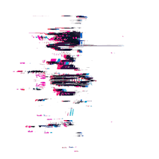 the image presents an abstract representation of a digital glitch, characterized by fragmented lines and color distortions across a predominantly white background.