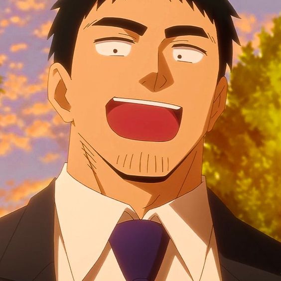 this is a closeup illustration of an adult man from an anime or manga. he's wearing a suit and tie and has short black hair and stubble. his mouth is open in a large, joyful smile, and his eyes are wide and expressive. the background is a warm yellow and orange, suggesting a sunset.