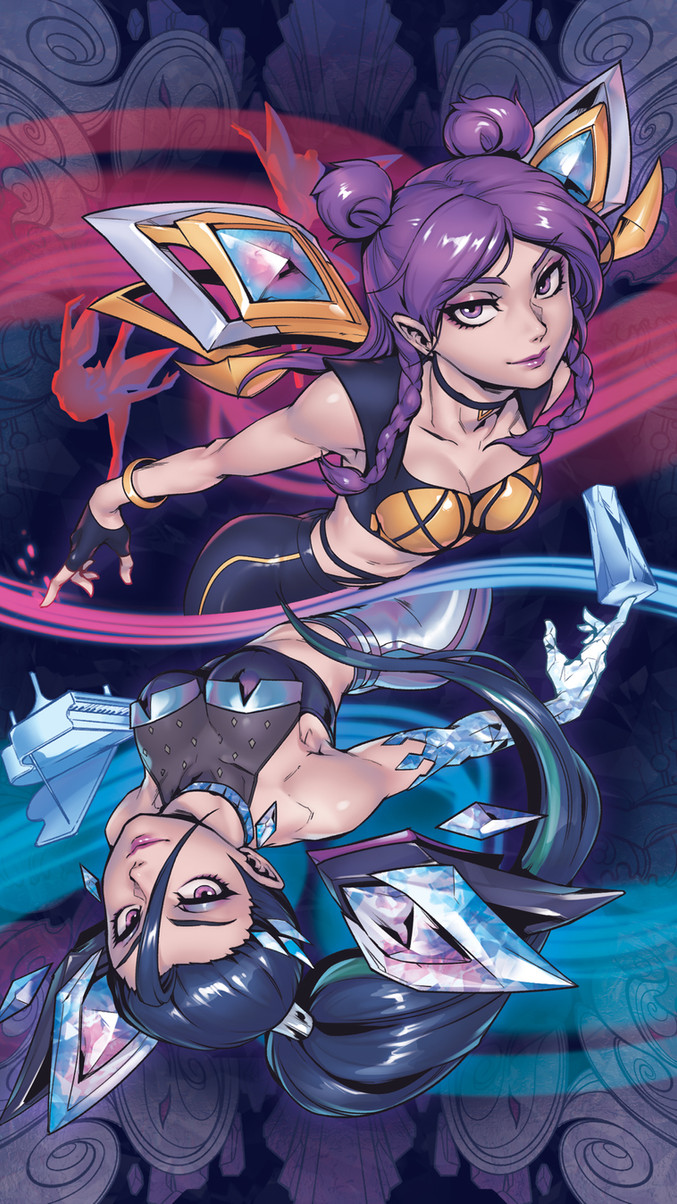 the image depicts two anime girls in dynamic poses, with one girl in a purple and black outfit wielding a crystalencrusted sword. she is in the upper portion of the image, poised to strike. the second girl in the lower part of the image is also in a fighting pose, her outfit is mostly black and white with blue crystals and a crystal sword.  both girls are set against a swirling backdrop of purple and blue energy, suggesting magical powers. the image is rendered in a digital art style, showcasing vibrant colors and intricate details.