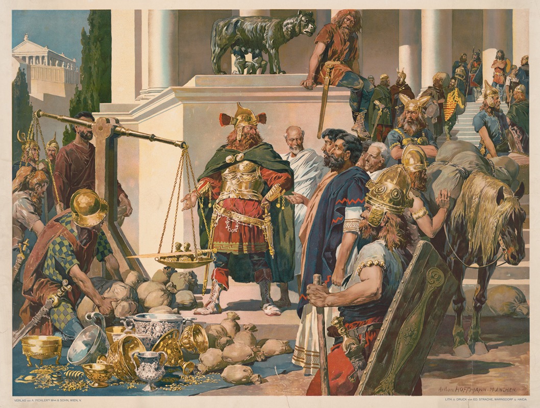the image is a historical painting depicting a scene of negotiation between ancient romans and germanic barbarians. a large scale is prominently displayed, being used to weigh sacks of gold and silver. the romans, dressed in togas and armor, stand on one side while the germanic tribes, wearing helmets and armor, stand on the other, with some on horseback. a germanic chieftain stands in the center, presumably overseeing the exchange. behind them is a grand roman temple with a statue of romulus and remus above its entrance. the artwork suggests a scene of conquest or ransom where the romans are demanding tribute from the defeated barbarians. the image evokes a sense of power dynamics and cultural conflict in ancient times.
