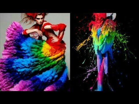 the image showcases two artistic representations of the rainbow. on the left, a woman is adorned in a stunning rainbowhued gown, creating a mesmerizing display of color. on the right, a parrot appears to be exploding in a magnificent cascade of rainbow feathers, a breathtaking spectacle of nature's artistry. the juxtaposition of these two subjects, both enveloped in vibrant rainbows, creates a visually captivating and symbolic representation of beauty, diversity, and artistic expression.