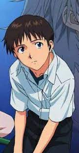 an anime boy with dark hair is looking down at something. he is wearing a white shirt, black pants and has his hands on his hips. he is standing in front of a blue background.