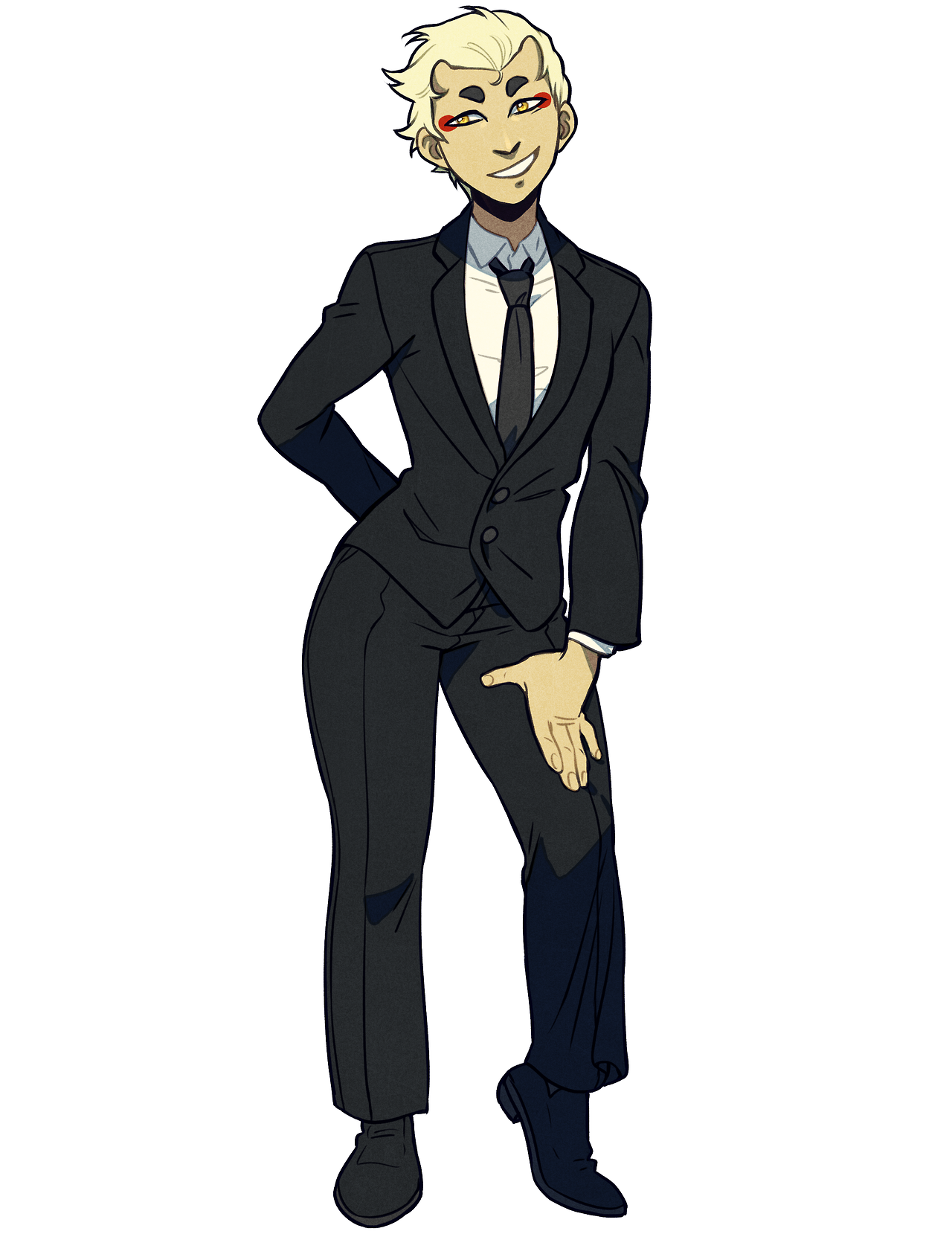 a confident young man is depicted in a stylish, fitted black suit.  he has short, spiky blond hair and striking yellow eyes with red markings around them. a smirk plays upon his lips, suggesting a mischievous or perhaps villainous nature.  he's posing with one hand on his hip and the other casually touching his pant leg. the image is drawn in a style reminiscent of anime or manga.