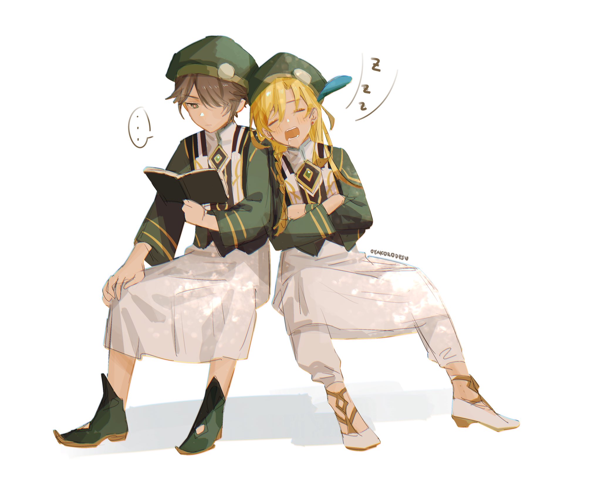 an illustration of two anime characters sitting together. one of them is reading a book and the other is sleeping. the one reading is a boy with brown hair who is smiling. the one sleeping is a girl with blond hair and she is tired. they are both wearing similar green and white school uniforms.