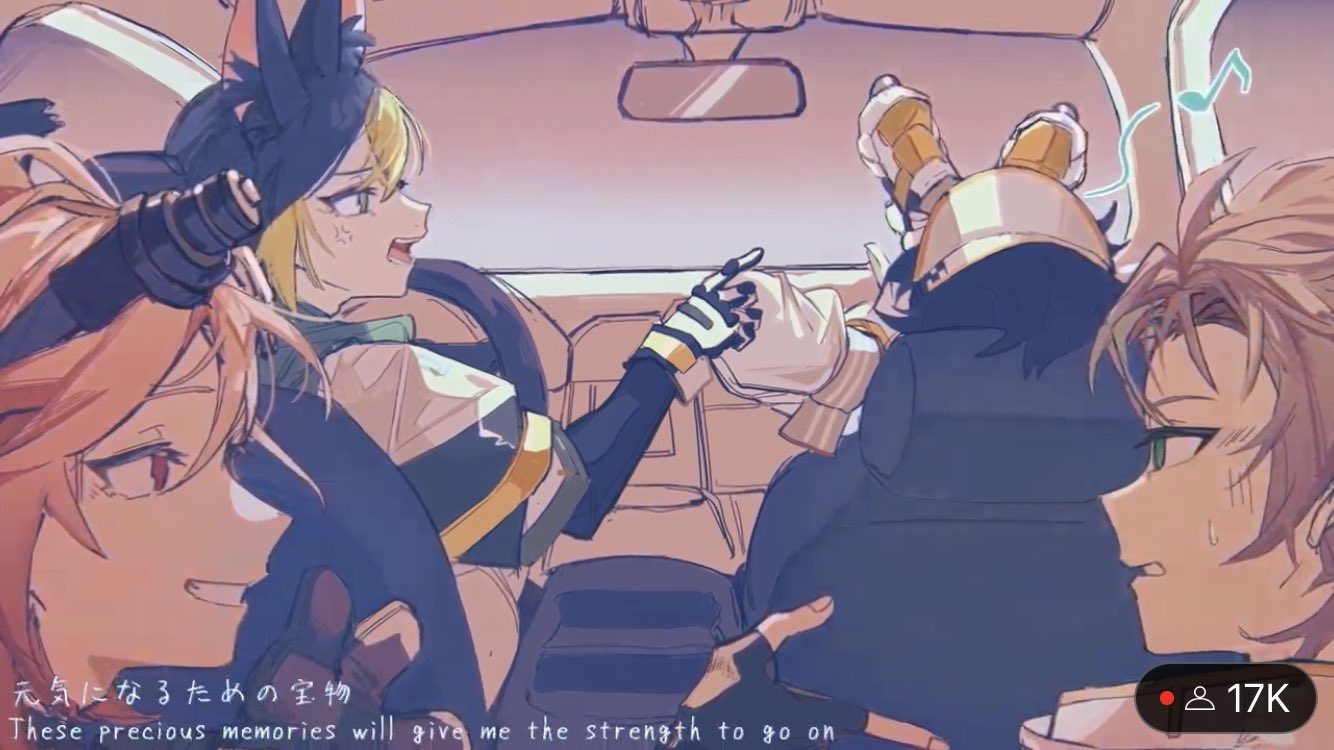 the image is a digital illustration of three anime characters, two male and one female, sitting in a car. the car appears to be moving and the characters are holding hands and smiling. the image conveys a sense of joy and happiness. the characters are drawn in a cute and charming style. the illustration is set against a backdrop of a city and the sky. the image appears to be a fan art of three characters from the anime series "genshin impact".