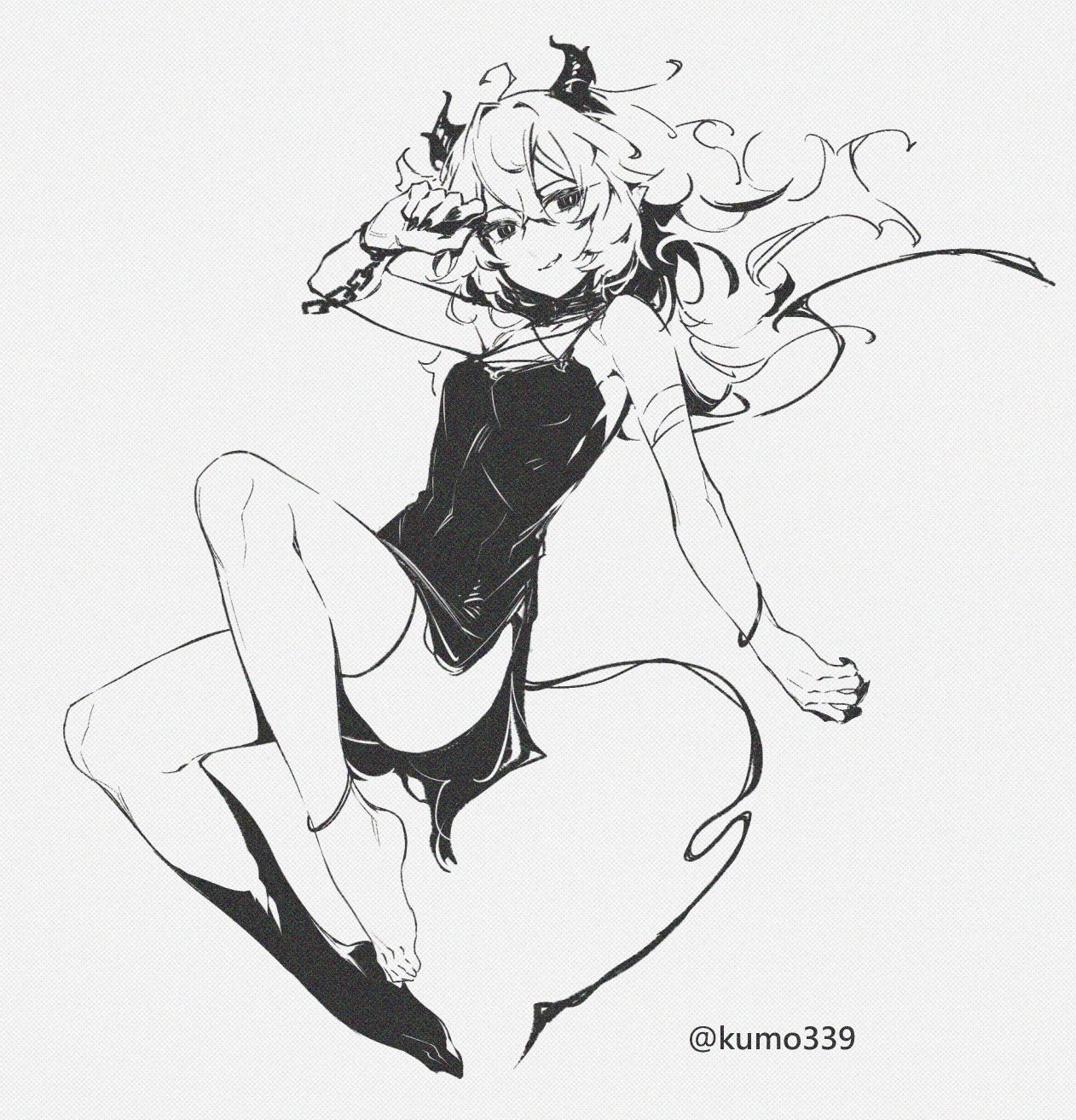 a black and white sketch of an anime girl with devil horns and a tail, wearing a black dress and sitting in a relaxed pose. she has a chain on her wrist and is barefoot. the artist's signature, @kumo339, is in the lower right corner.