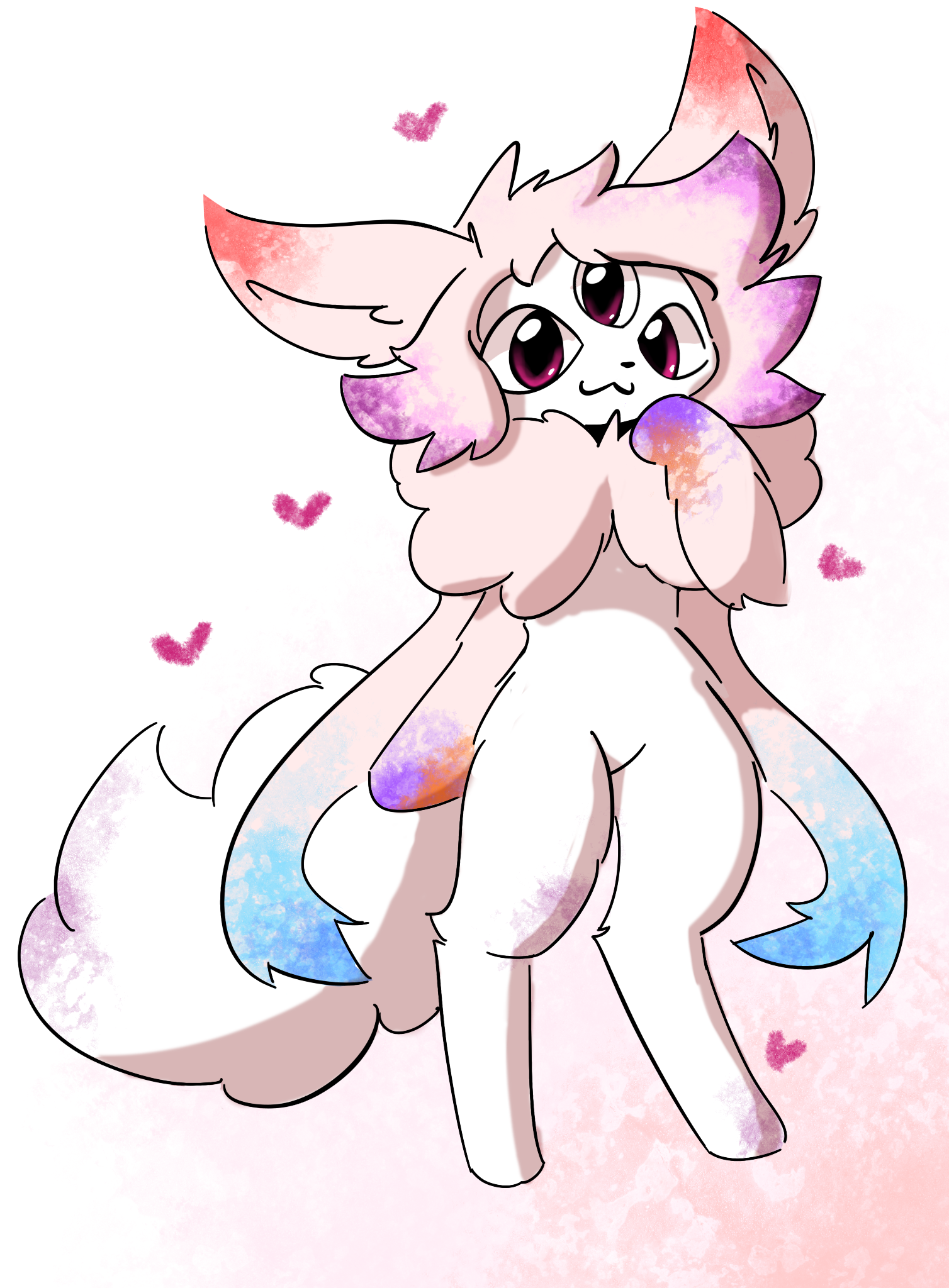 this is a digital drawing of a cartoon character. the character is a fluffy white creature with pink and blue ears, a large fluffy tail, and big purple eyes. it is standing on its hind legs and has its front paws raised near its chest. the character is in a cute pose. the background is a soft pink with small pink hearts scattered around it. the drawing is done in an anime/manga style.