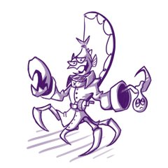 the image is a purple and white sketch of a cartoon fish scientist. the fish is wearing a lab coat and has a fishing rod for a tail. he is holding a beaker in one hand and a fishing hook in the other. he has a mischievous expression on his face. the background is white.