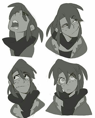 a grayscale drawing of a character with different facial expressions. there are four different expressions in the picture. one of them has a surprised expression, one looks worried, another one is happy and the last one seems angry.