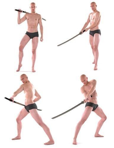 the image shows four men, all depicted in different stances, holding a katana.  the men are shirtless, revealing their muscular bodies. they are all in a fighting pose, ready to strike. the image is set against a white background and is digitally rendered.