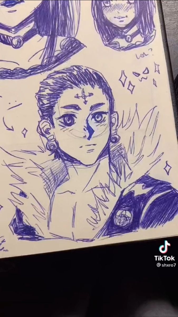 the image shows a page of sketchbook drawings done primarily in purple ink. the most prominent drawing is a stylized animeesque portrait of a young man with long hair, a feather boalike garment around his neck and shoulders, and distinct facial markings.  there are smaller, less detailed drawings surrounding the main one, including a woman with long dark hair and another female character with a slightly more western style.  these smaller drawings appear to be preliminary sketches or doodles.  the style of the drawing is casual and loose, indicative of a quick sketch rather than a finished piece. a tiktok watermark is visible in the bottom right corner, with the username @shxro7. the overall aesthetic is dark and slightly gothic.
