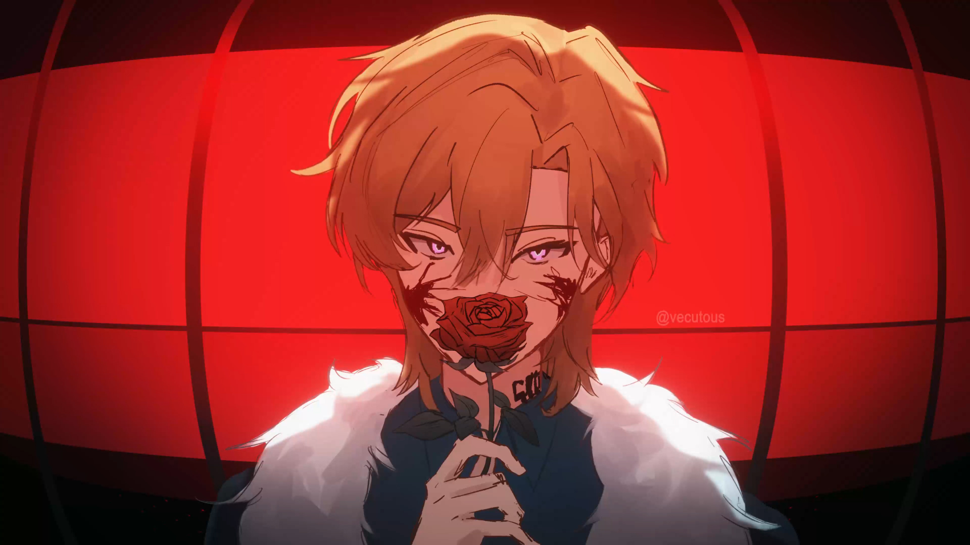 an animestyle drawing shows a boy with brown hair, purple eyes, and a rose in his mouth. there's blood on his face and a tattoo on his neck. he's wearing a fur collar. the background is red.
