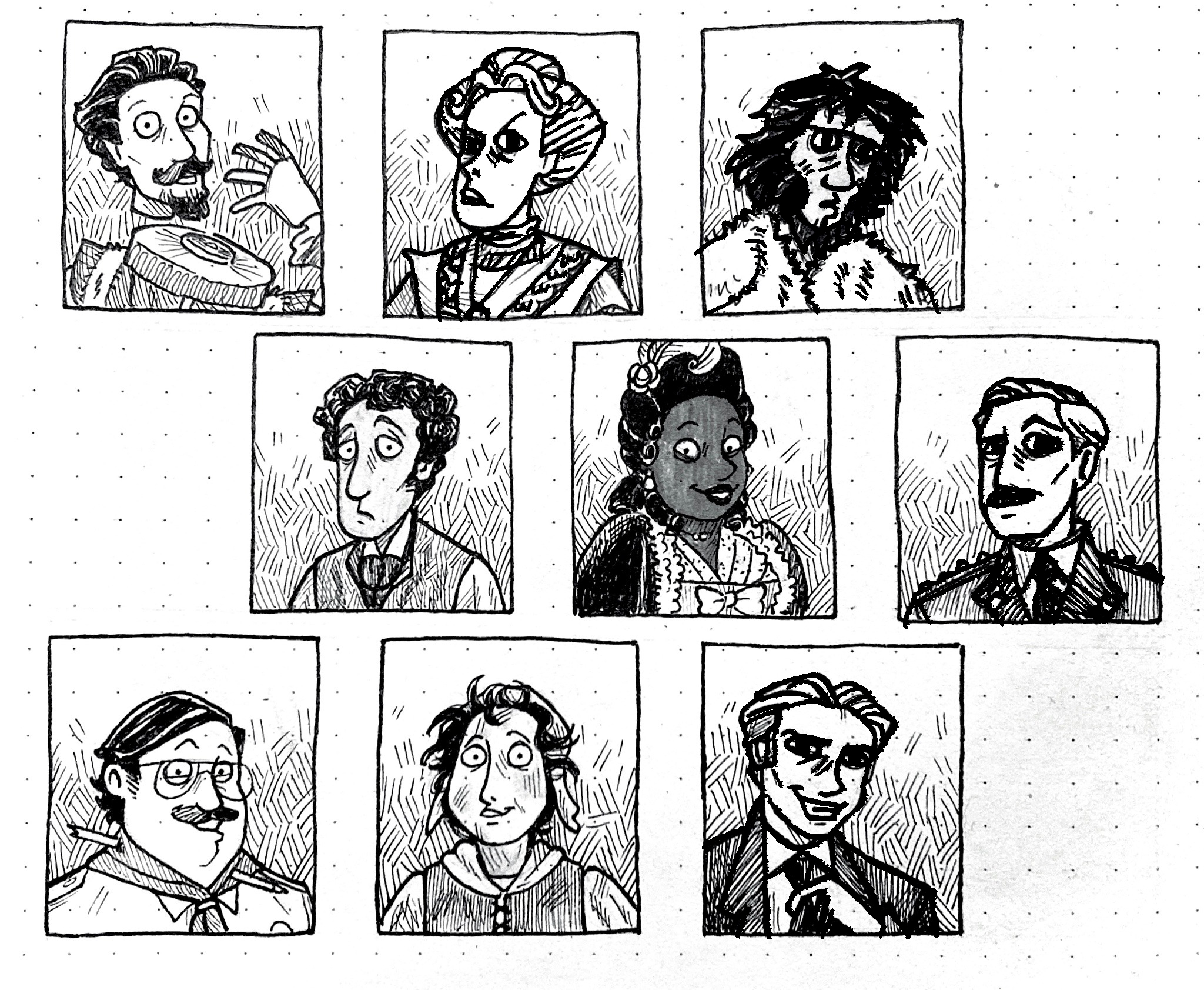 the image consists of nine individual portraits, drawn in a cartoonlike style using black ink on white paper. each portrait features a different character, with exaggerated features and expressions. the characters are diverse in appearance, including men and women with various hairstyles, clothing, and facial hair. one character is even depicted as a hairy, apelike individual.  the drawings have a rough, handdrawn aesthetic, with visible lines and hatching.