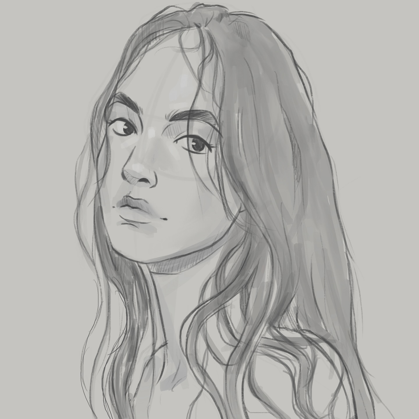 the image is a grayscale pencil sketch or digital painting of a young woman's portrait.  the style is somewhat loose and impressionistic, not aiming for photorealism, but capturing a likeness with expressive strokes.  her long, wavy hair cascades around her face, which has a serious or pensive expression. the focus is on her face and upper body. the background is a plain, light gray.  the overall feel is artistic and somewhat melancholic.