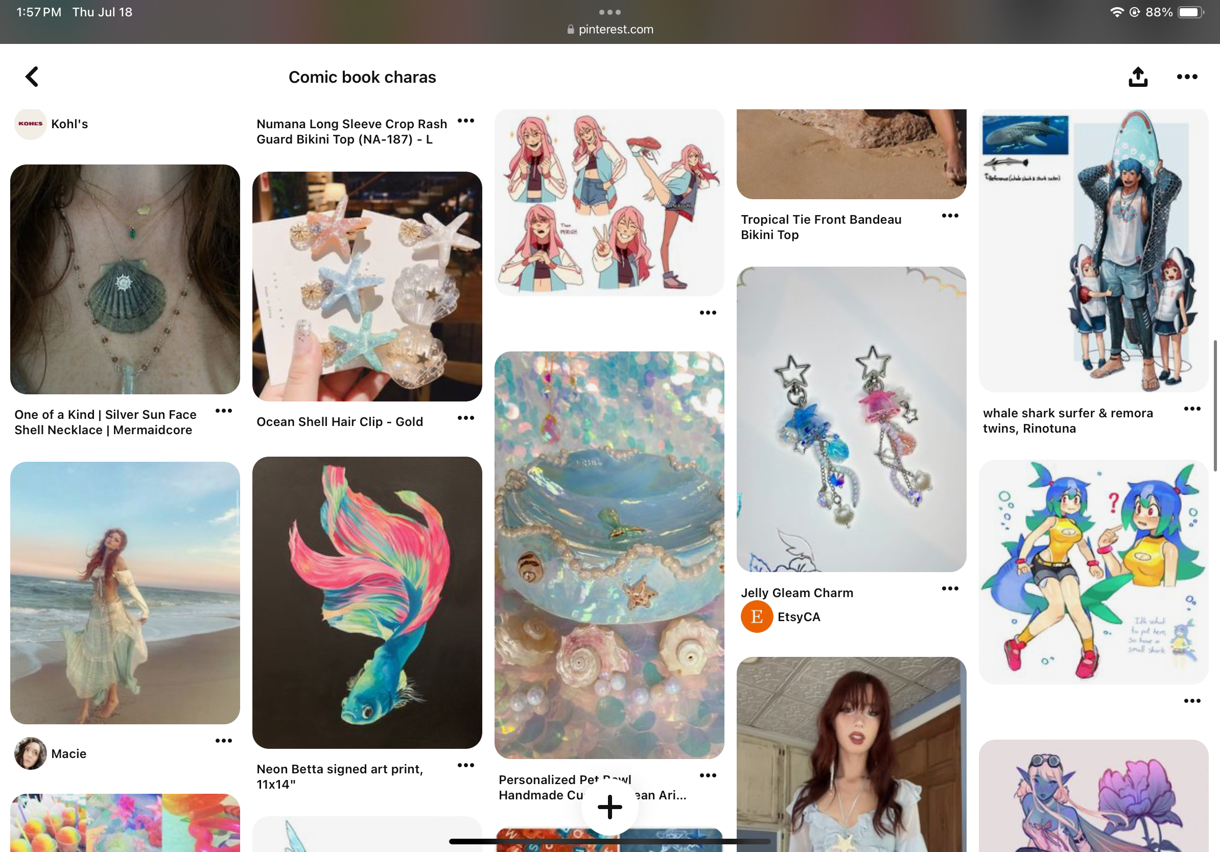 the image is a screenshot of a pinterest board titled "comic book charas". the board features a collection of product listings and images related to ocean themes, comic book characters, and art. some listings include jewelry, clothing, and art prints. the images are brightly lit and feature closeup perspectives of the products and artwork.