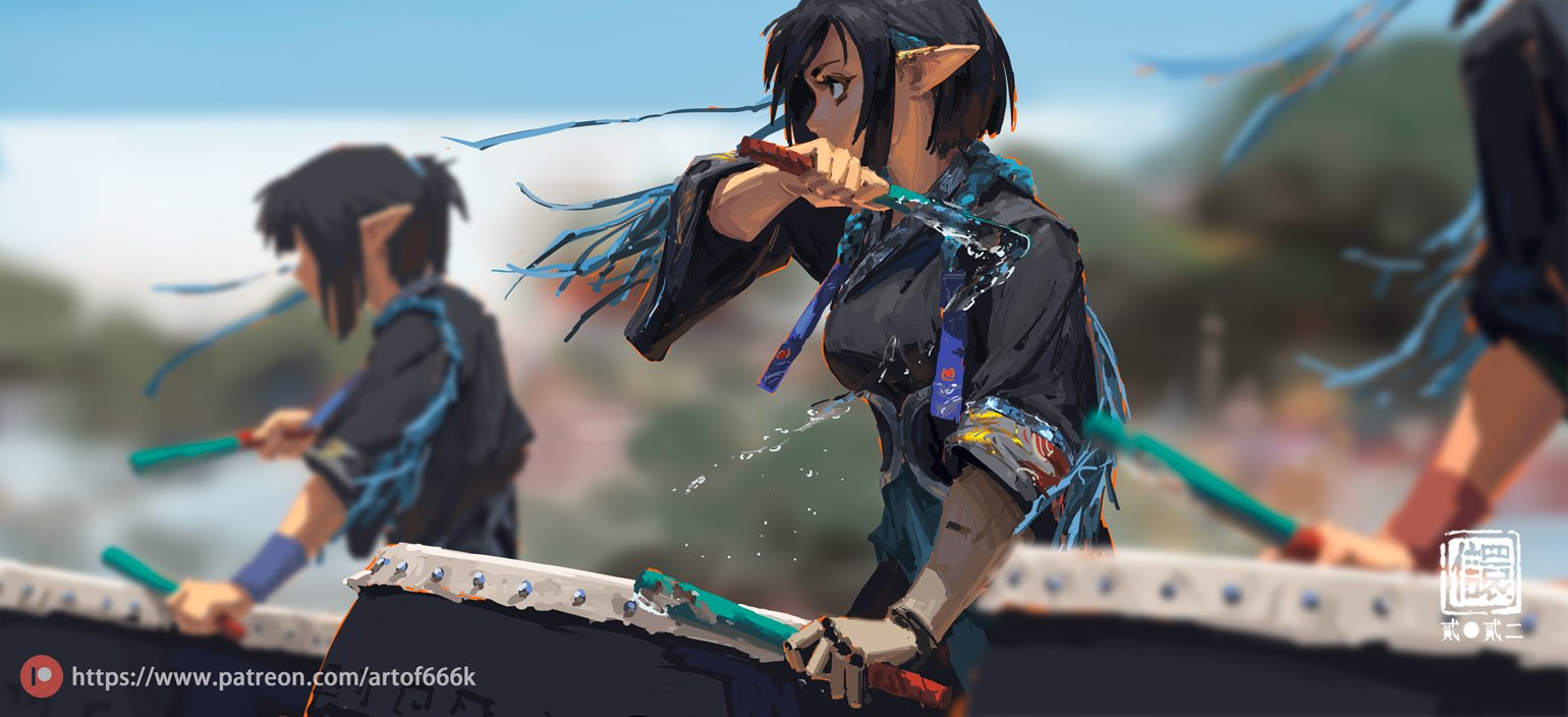 the image is a dynamic digital painting depicting an animestyle female elf with pointed ears, intensely focused on playing a taiko drum.  water splashes around her as she strikes the drum with two sticks.  she's dressed in dark, traditionallooking japanese clothing with blue accents.  the background is blurred but shows a suggestion of an outdoor festival setting with other figures, also playing taiko drums, out of focus in the background. the overall style is vibrant and energetic, capturing the motion and passion of the performance. a watermark is visible in the lower right corner.