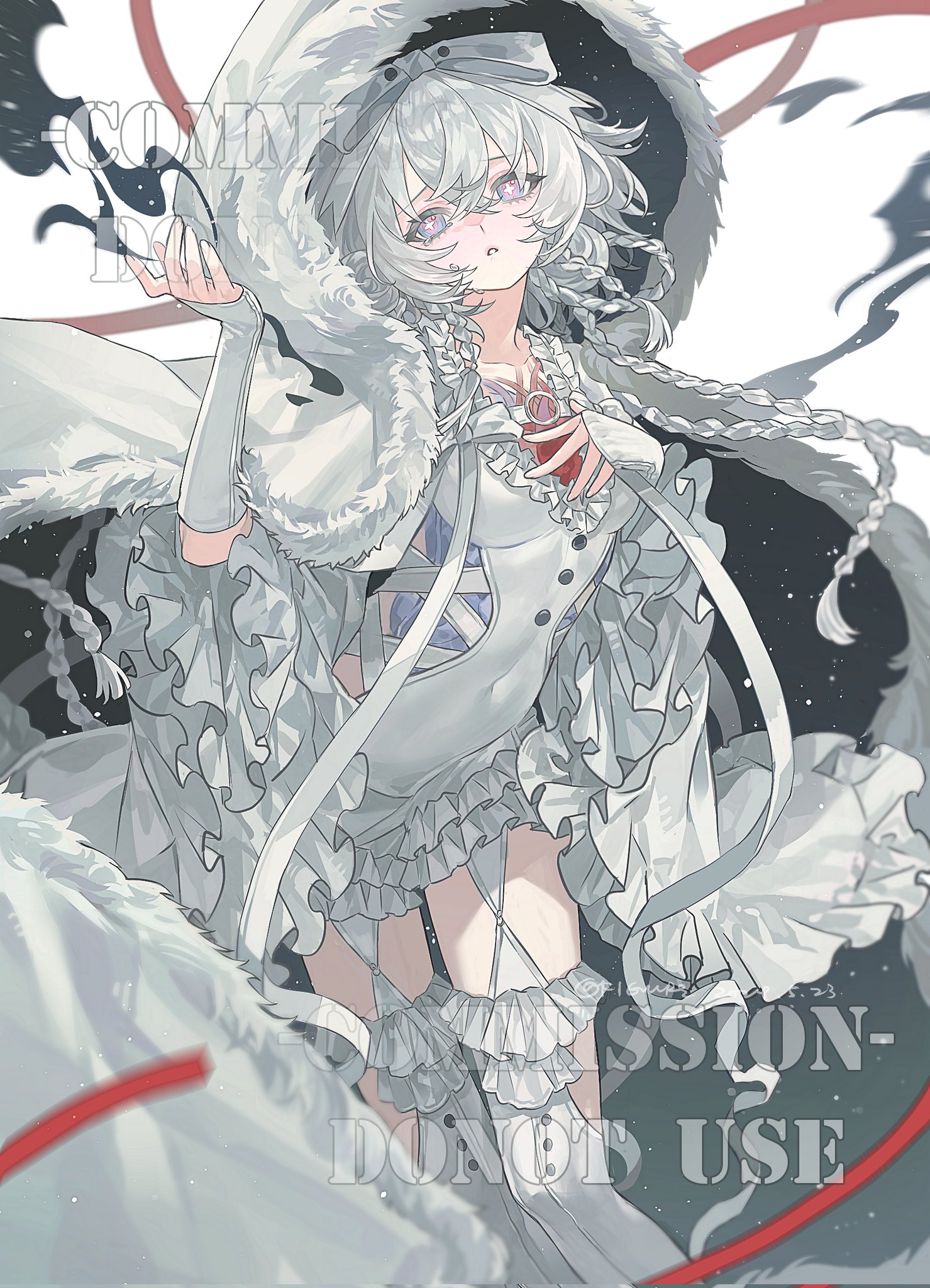 an animestyle illustration of a paleskinned girl with white, slightly curly hair and light purple eyes. she wears a hooded, white cloak with a fluffy fur collar. underneath, she has a white dress with ribbons crisscrossing her chest and decorative ruffles. she also wears white thighhigh socks with ruffles at the top, held up by garters. she is holding a red gem in her hand, and wears a choker around her neck. text "commission  do not use" is written over the image, indicating it is a commissioned piece and not for public use.
