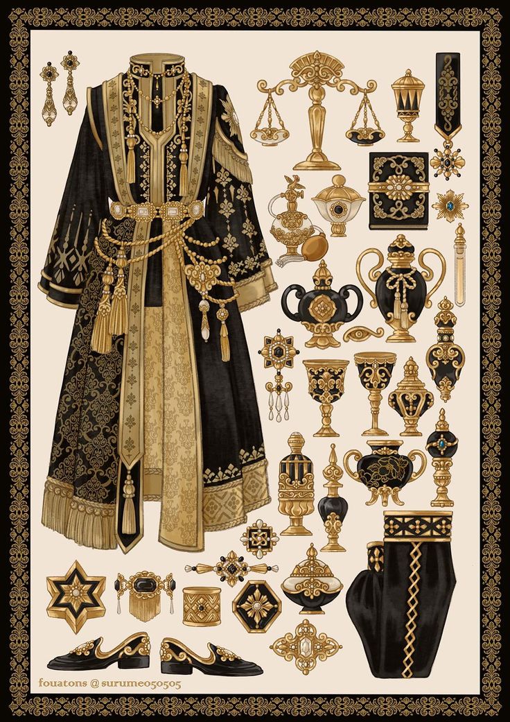 the image depicts a luxurious black and gold outfit with intricate details. the central figure is a robe adorned with golden embroidery, a gold belt, and several layers of embellishments. the outfit is surrounded by various decorative elements, including jewelry, scales, vessels, and an ornate book. each element is rendered in meticulous detail, showcasing the artistry and richness of the design. the overall image evokes a sense of fantasy, elegance, and royal grandeur.