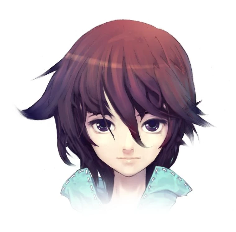 the image shows a digital illustration of a young woman with shoulderlength brown hair with purple undertones. she has large, expressive purple eyes and a neutral expression. she is wearing a tealcolored garment, likely a shirt or jacket,  around her neck. the style of the illustration is reminiscent of anime and features soft lighting and shading, creating a gentle and approachable appearance. the focus is on the character's face and upper body, providing a sense of intimacy and inviting viewers to connect with her gaze.