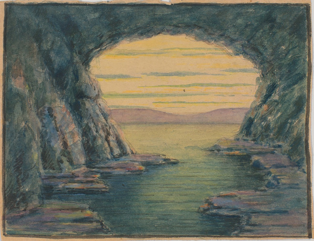 a watercolor painting depicts a cave overlooking the sea. the cave entrance frames a view of distant mountains and a sky with horizontal clouds. the sea extends from the cave opening, with rocks visible in the foreground.
