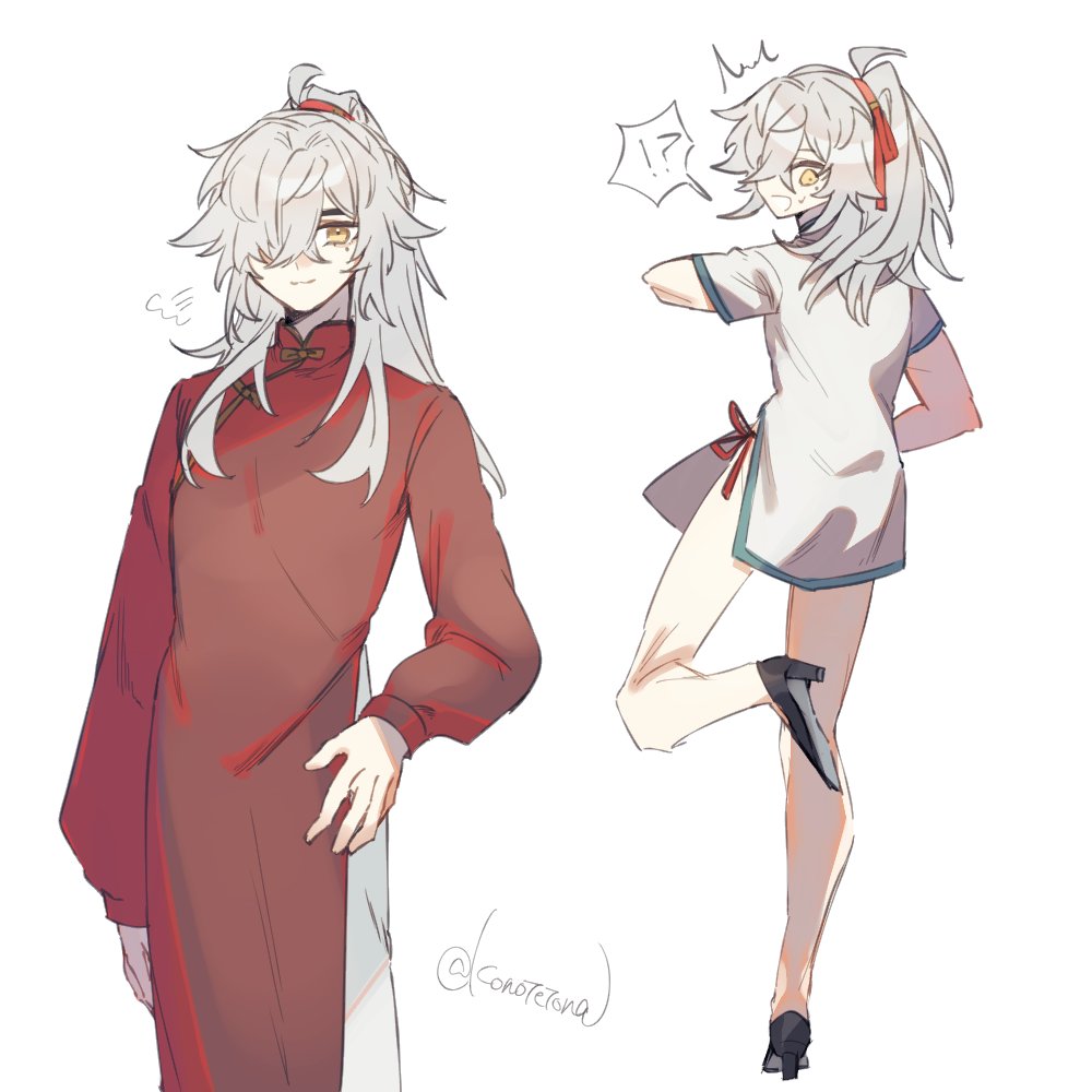this is an illustration of a cute anime girl in two different poses, one with long, white hair, and a red chinese dress. the other one is a  white dress. they both have long, white hair and are looking at the viewer. the girl on the right seems surprised while the one on the left is just standing straight.  the girl on the right is also holding up one leg.
