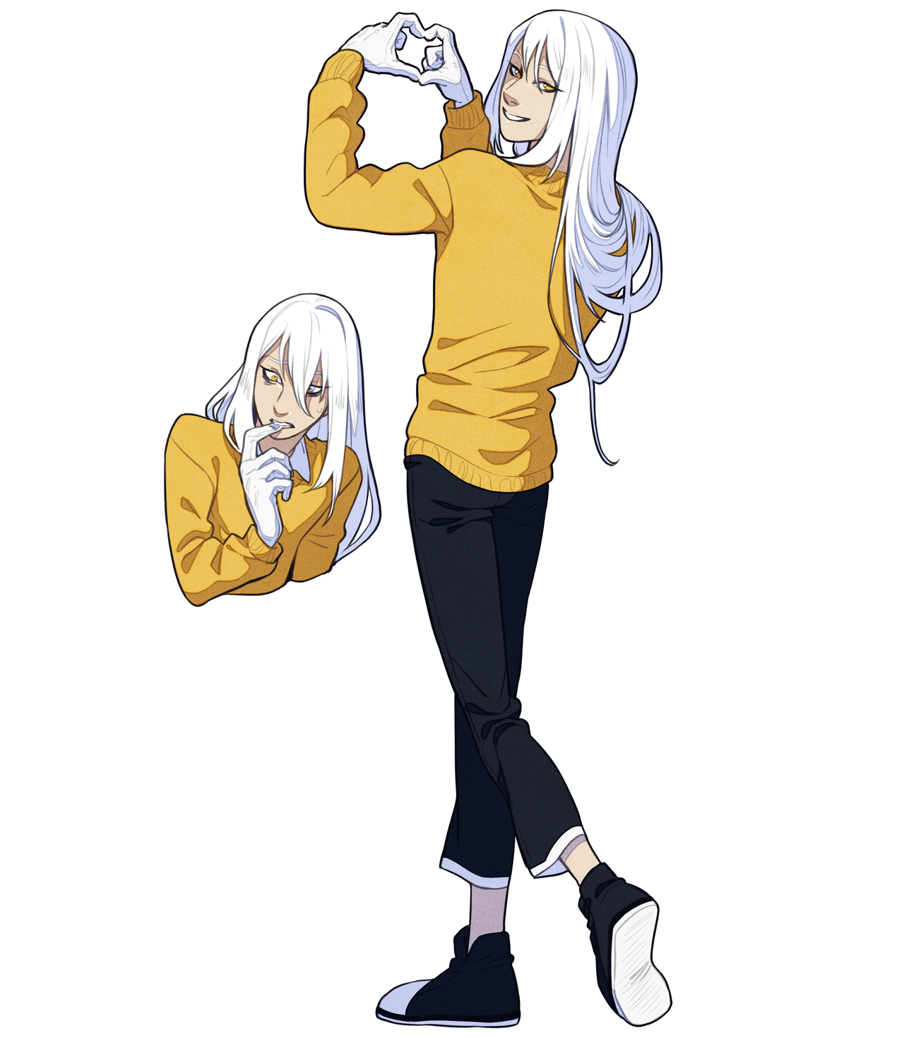 this is a digital drawing of a young man with long white hair and brown eyes. he is wearing a yellow sweater, black pants, and black and white sneakers. in the main image, he's striking a pose with his legs crossed and his hands above his head forming a heart shape. a smaller bust illustration next to his head showcases an alternate expression, where he has a confident smirk and holds his pointer finger to his lips. the style of the drawing is reminiscent of anime and manga.