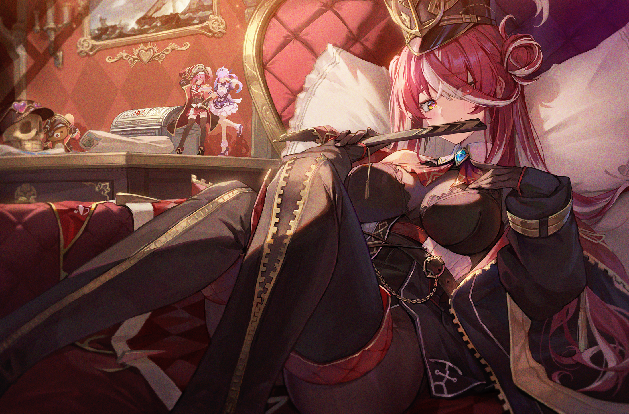 the image is a digital artwork depicting a beautiful animestyle woman with long red and white hair. she is wearing a militarystyle captain's uniform, including a hat, corset, and long boots. she is sitting on a luxurious chair or couch, holding a sword. the setting appears to be a rich and elegant room with various details such as dolls, a treasure chest, and other luxurious objects. the art style is very detailed and the lighting and shading create a dramatic atmosphere. the overall mood is one of seductive elegance combined with a powerful and confident persona.