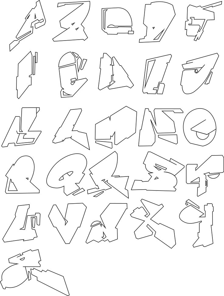 he image contains a complete alphabet of uppercase letters rendered in a graffiti style.  each letter is uniquely designed with sharp angles, jagged edges, and irregular shapes, characteristic of graffiti art. the letters are presented in an outlined style, with no fill, against a white background.  the style is bold and aggressive, conveying a sense of energy and movement.