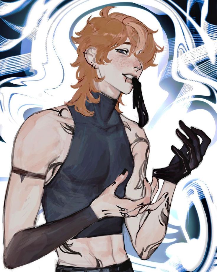 the image is a digital fanart depicting a stylized male anime character. he has shoulderlength, slightly tousled orange hair with hints of lighter orange highlights, and noticeable freckles across his face.  he's wearing a dark sleeveless top that resembles a cropped halter top or tank, dark fingerless gloves, and what appears to be a darkcolored choker or similar accessory around his neck. his arms and torso display stylized triballike tattoos.  the character has a somewhat confident and possibly mischievous expression. he holds a dark object, possibly a strip of cloth or a thin ropelike item in his mouth. the background is an abstract swirling pattern of blue and white, creating a dynamic and slightly chaotic atmosphere around the character.  the overall style leans towards anime and manga aesthetics with a touch of a modern digital art flair.