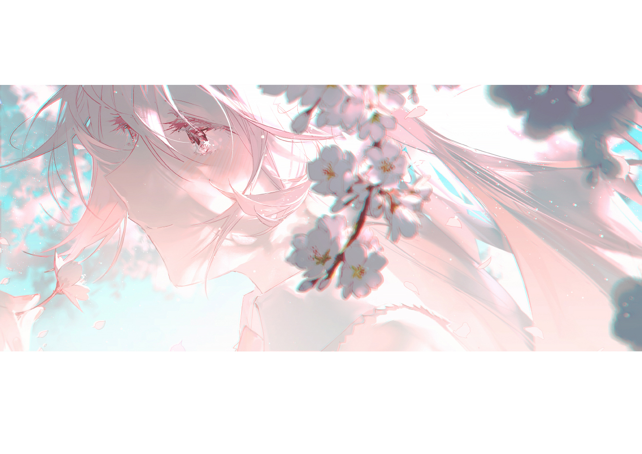 the image is an animestyle artwork depicting a girl with light pink hair and a melancholic expression, possibly crying. she is shown in profile, looking down, with a branch of white cherry blossoms (sakura) framing her face. the background features soft light pink and light blue hues, creating an ethereal and dreamy atmosphere. she wears white clothing.