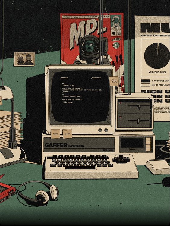 an image of a retro computer set up on a green desk. the computer is a vintage 80s style desktop computer with a large monitor, a keyboard and a black and white box next to it. the monitor displays black text on a white background. on the desk is a pair of headphones and a stack of papers. behind the computer are 3 different illustrations. the first one is a magazine with a retro spaceman on the cover. the next is a poster with a halfcircle in the middle and some text on it. the last illustration is a poster that says "sign up" on it.  the image is rendered in a retro 80s style with bright colours and bold lines. the image is likely inspired by the science fiction and cyberpunk subcultures of the 1980s.